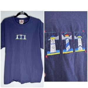 Vintage Morning Sun Lighthouse Tee Navy Embroidered 90s Coastal Grandma L